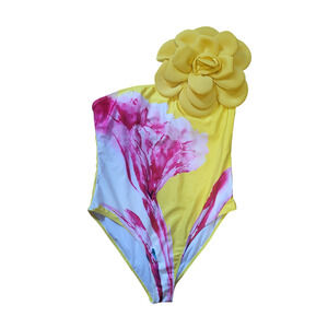 Yellow and pink floral bathing suit and matching skirt set, size XL